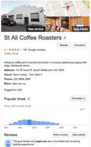 St Ali Coffee Google My Business result