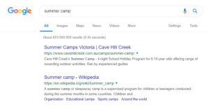 search results page for summer camp